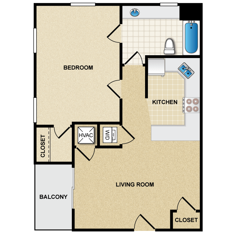 Floor plan for 1 bed, 1 bath, 750 sqft